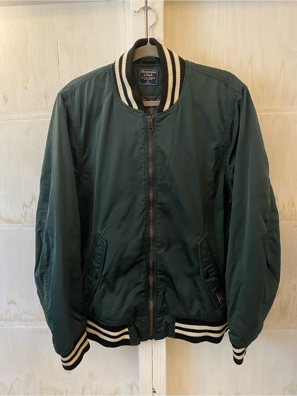 Abercrombie & Fitch Vtg Dark Green Bomber Jacket with Striped Trim